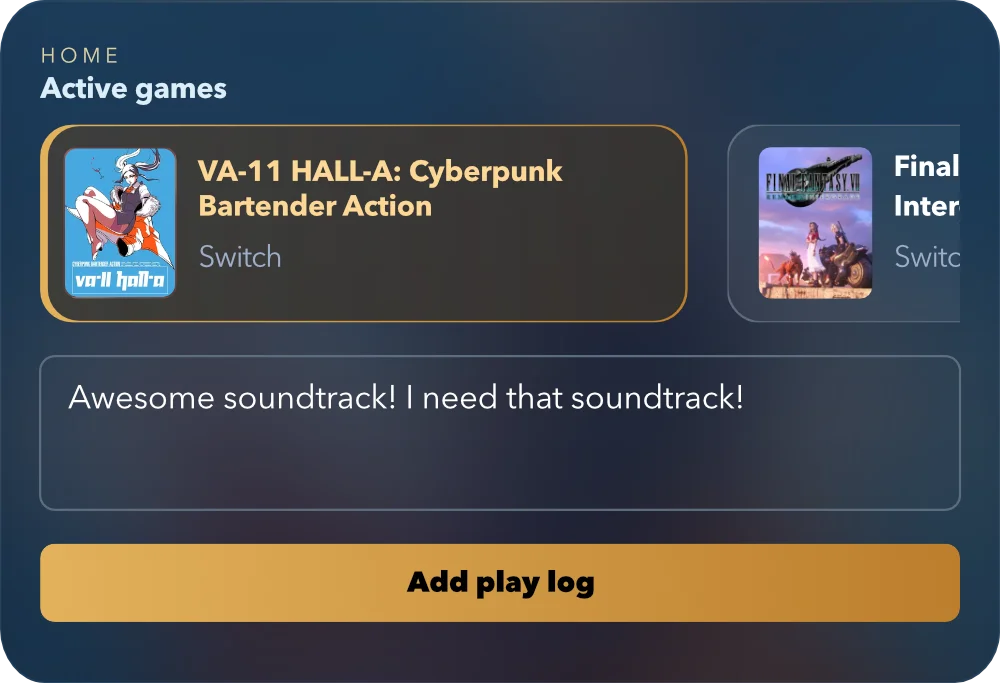 Home view with active games and recent play logs